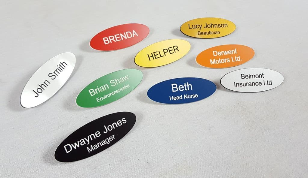 Personalised Oval Acrylic î€€Nameî€ Badge with Pin - Choice of Colour